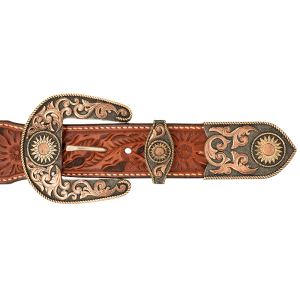 A custom western three piece belt buckle set featuring a bronze and copper scrollwork and sunflowers 